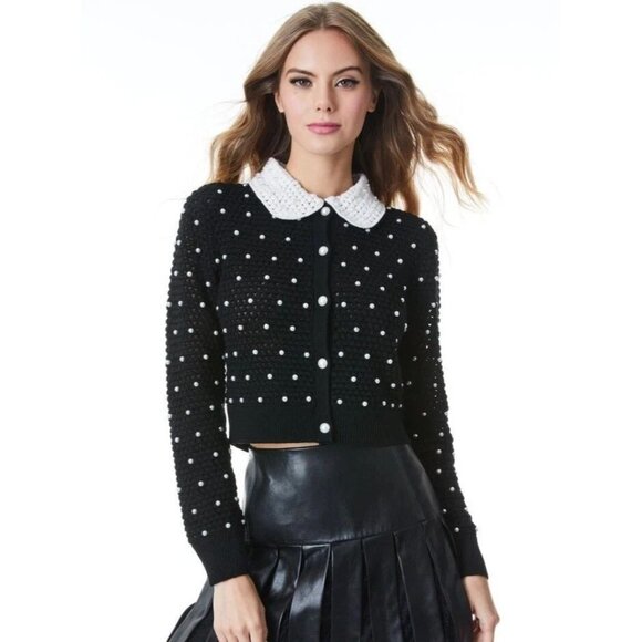 Alice + Olivia Sweaters - Alice + Olivia Collins Pearl Embellished Crochet Wool Black Cardigan XS NWT $595